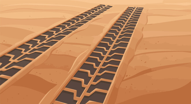 Tire tracks imprinted in dry sand, suggesting off-road vehicle passage