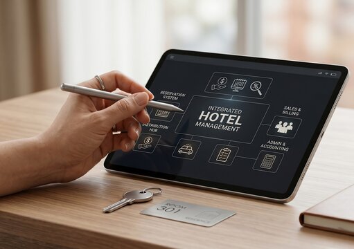 Hotel manager uses digital tablet to access integrated management software system for efficient hospitality operations control
