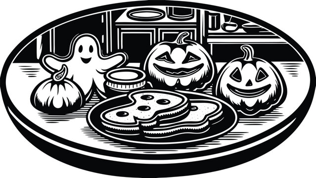 A black and white of a halloween breakfast scene with a ghost, pumpkins, and pancakes on a plate
