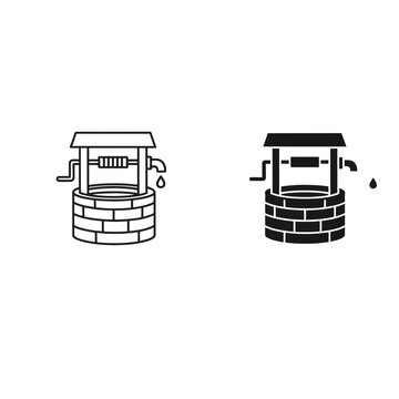 Wishing well icon set, outline and solid, white background