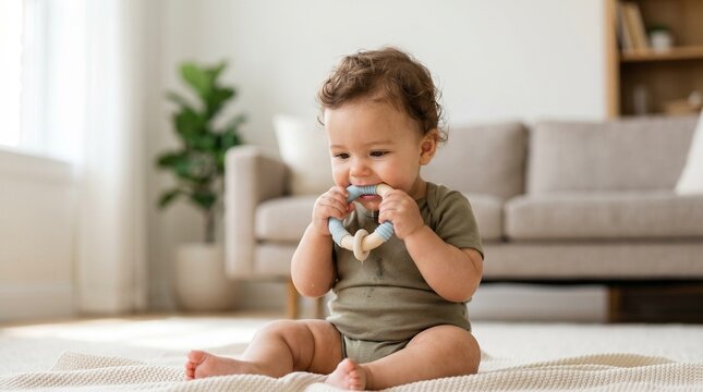 Baby sitting on the floor and playing with teething toy indoors  