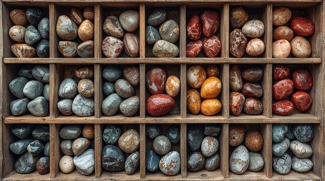 Polished gemstones and natural mineral specimens organized in vintage wooden display box collection concept