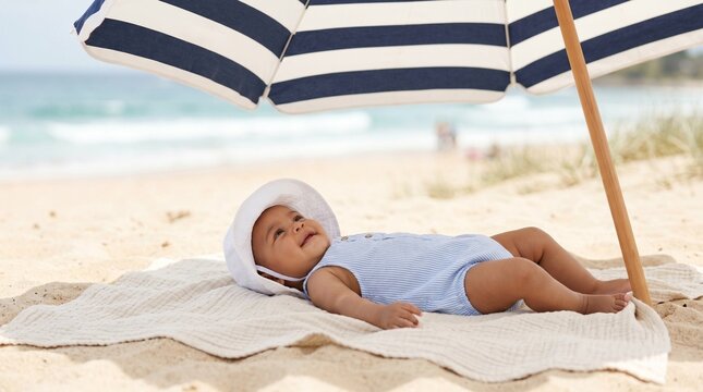 Baby relaxing under sun umbrella on sandy beach by the ocean  