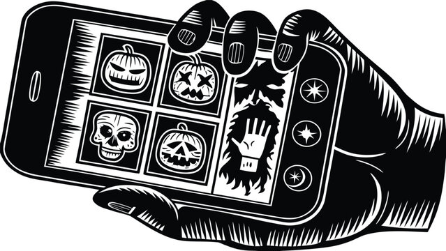Hand holding smartphone with halloween on screen