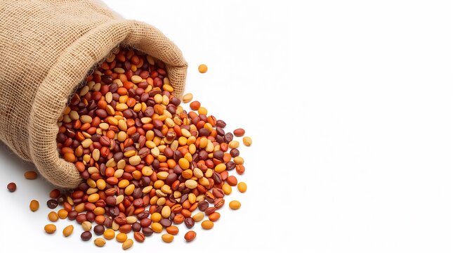 Colorful mixed legumes spilling from burlap sack on white background healthy food concept