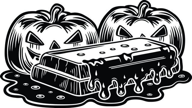 Halloween chocolate advertisement with dripping chocolate and carved pumpkins