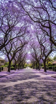 Vibrant Purple Jacaranda Trees Arching Over a Residential Street