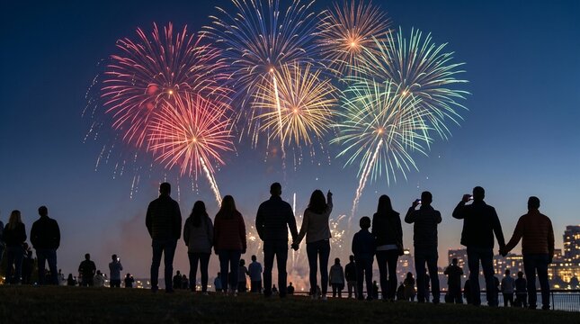 Group of people watching colorful fireworks display at night  