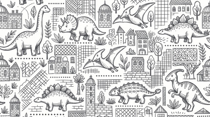 Cute Dinosaur City Pattern: Hand-Drawn Sketch Style © jami