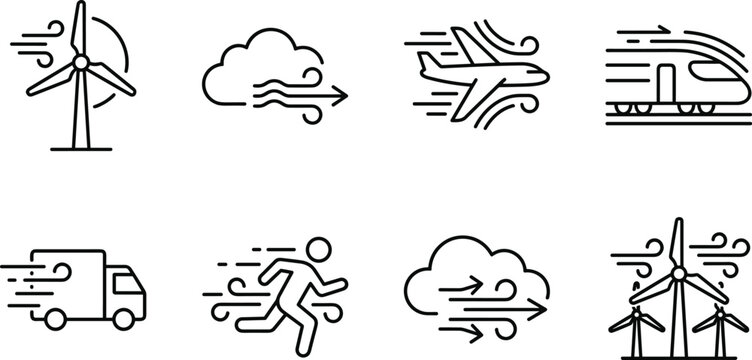 Minimalist line icons showing wind energy flow dynamics affecting turbines airplanes trains trucks and runners.