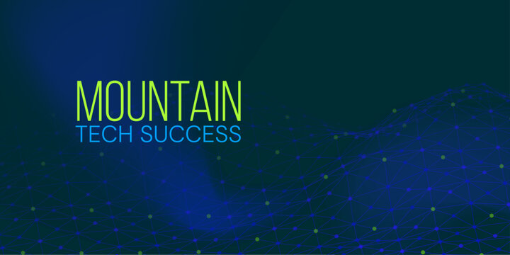 Gradient abstract scene with tech success mountain and glowing green highlights