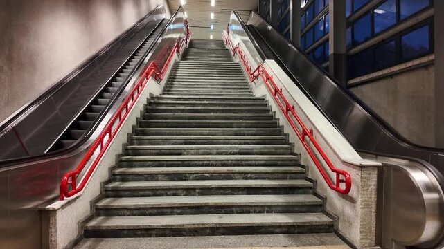 Empty subway station stairs flanked by dual moving escalators with bright red handrails, modern public transit infrastructure, urban underground architectural design at night.