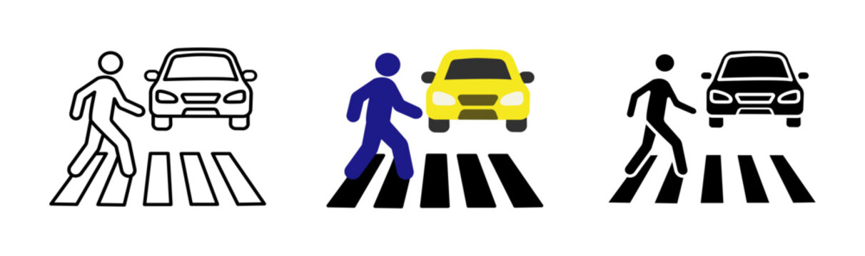 pedestrian crosswalk zebra crossing and car icon set vector