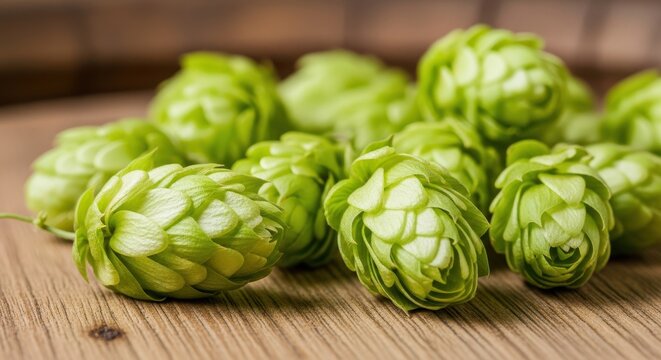 Fresh Green Hop Cones Gathered on Rustic Wood