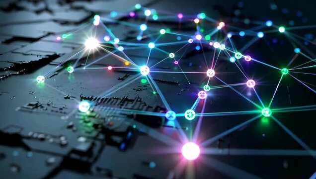 This conceptual video showcases a complex digital neural network pulsating with colorful glowing nodes and interconnected lines resting on a high-tech circuit board.