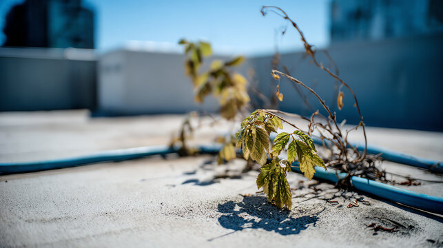 A close-up of a resilient plant growing on a rooftop, showcasing the beauty of nature in urban spaces under clear blue skies.