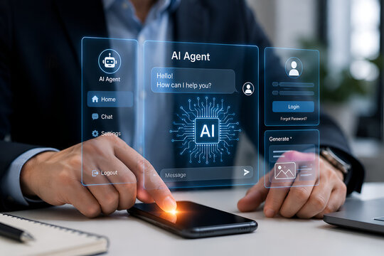 Businessman interacts with a holographic artificial intelligence interface displayed on his smartphone to manage advanced automated software systems for his daily professional tasks.
