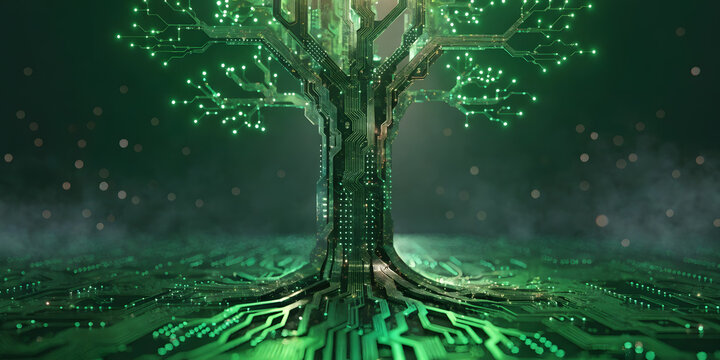Glowing electronic circuit tree roots in green technology digital forest environment render.