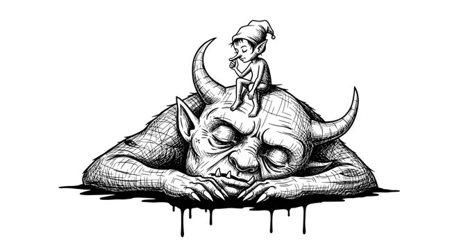 Small Elf Sitting on Sleeping Giant Monster Head Illustration.