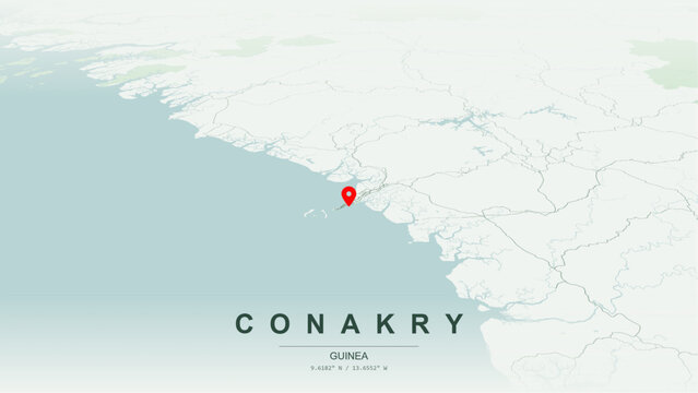 Modern minimalist vector map of Conakry, Guinea. High-quality scalable illustration of Conakry city grid, historic Kaloum Peninsula layout, Port of Conakry waterfront for posters and design.