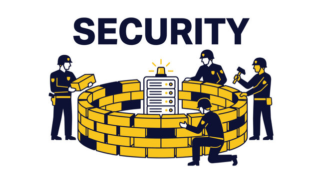 Security Guards Building A Brick Wall Around A Data Server