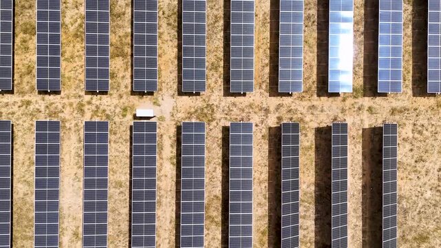 Aerial view of a solar farm producing renewable energy