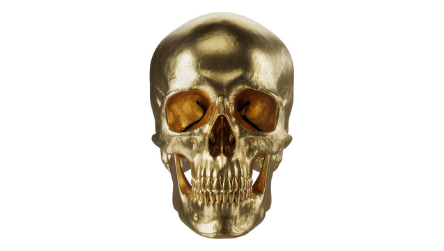 Golden human skull front view shiny metallic