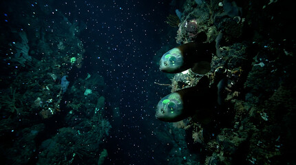 Obraz premium Deep Sea Exploration Reveals Strange Bioluminescent Creatures in Dark Ocean Depths
