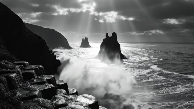 Dramatic seascape showcasing rocky coastline with imposing basalt columns and ocean stacks under a moody sky with sun rays