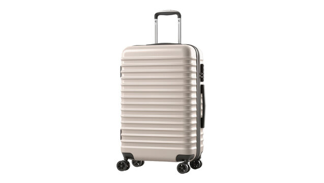 Light beige ribbed hard-shell suitcase with telescopic handle and spinner wheels