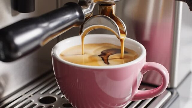 Close-up of espresso pouring into a pink mug, creating a rich and flavorful coffee beverage