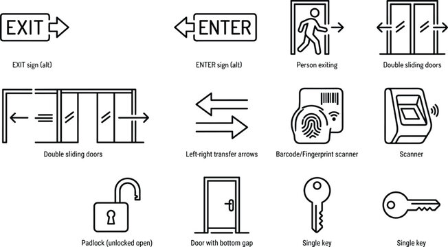 Set of vector line icons for access, security, and doors on a transparent background with arrows.