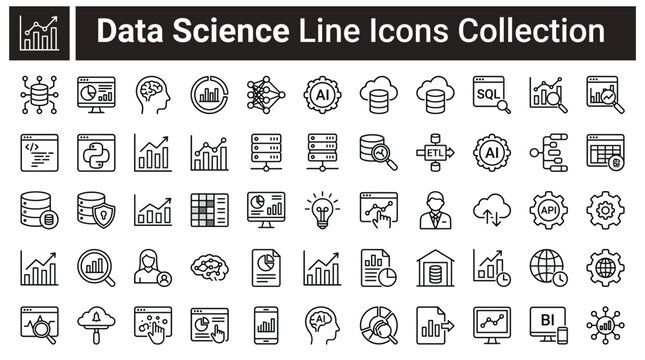 Data science line icons collection set of thin line icons for data analysis, machine learning, artificial intelligence, database and business intelligence