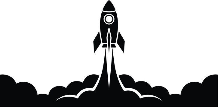 Rocket launch with smoke clouds and fire flame silhouette vector illustration space mission concept.