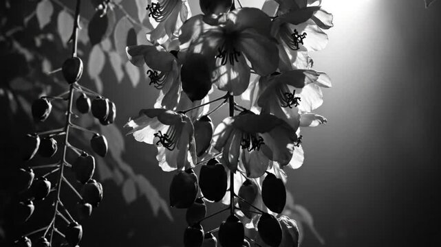 Black and white floral arrangement with delicate flowers, long stems, and soft lighting against a dark background