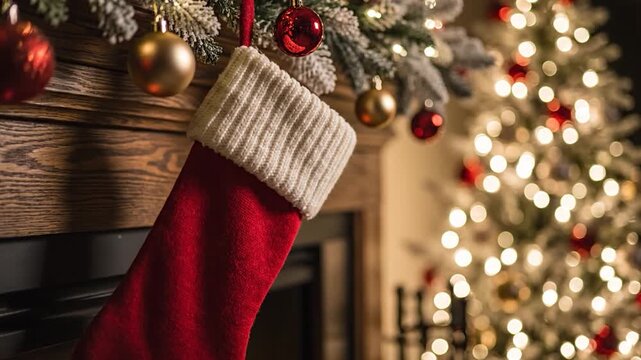 Red Christmas stocking hanging on a wooden fireplace mantel with festive garlands and bokeh tree lights