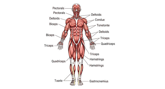 Human male muscular system with anatomical labels