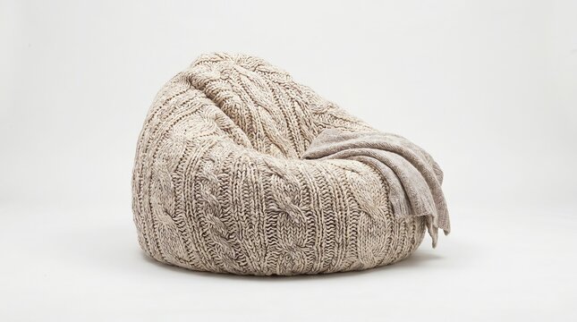 Cozy beige knitted bean bag chair on white background for home decor and furniture design inspiration