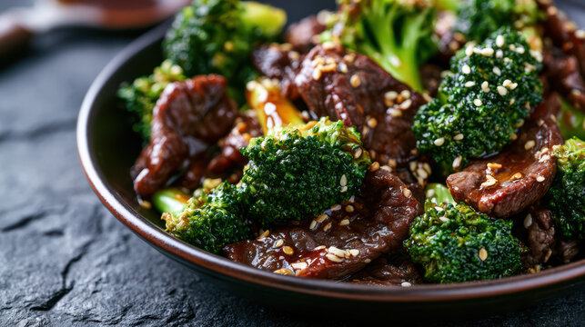 dynamic stir-fried beef with broccoli food photography