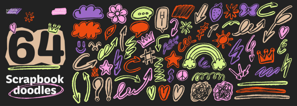 Scrapbook doodle kit with crayon drawn stars, crowns and scribble hearts. Playful hand sketched cutout elements in funky naive style. Cute collage stickers.