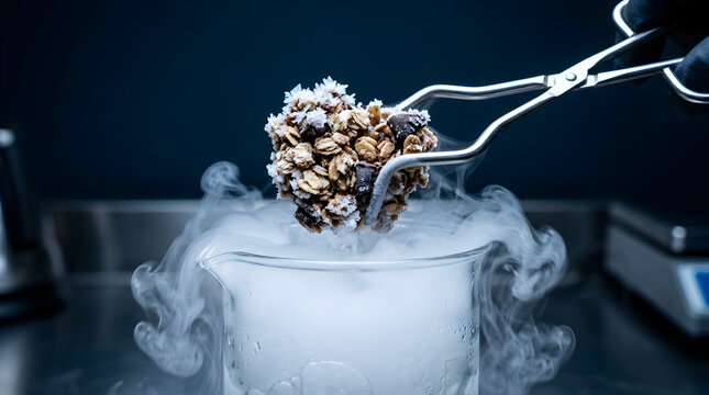 Pinecone being frozen with liquid nitrogen