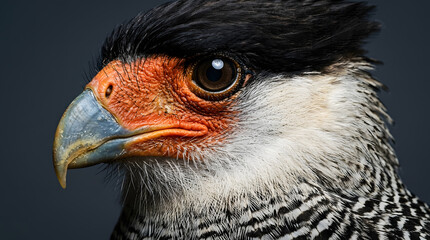 Fototapeta premium Crested Caracara Close Up Portrait with Striking Eye and Detailed Plumage