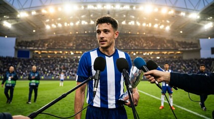 Obraz premium Soccer player holding trophy interviewed by reporters on field after winning match