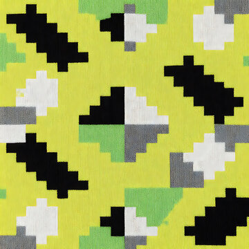 Knitted surface, pixelated square motifs, rhythmic repeat of blocks, color palette: acid yellow, cyber lime, black and titanium white, intricate jacquard weaving technique, flat lay, direct overhead s