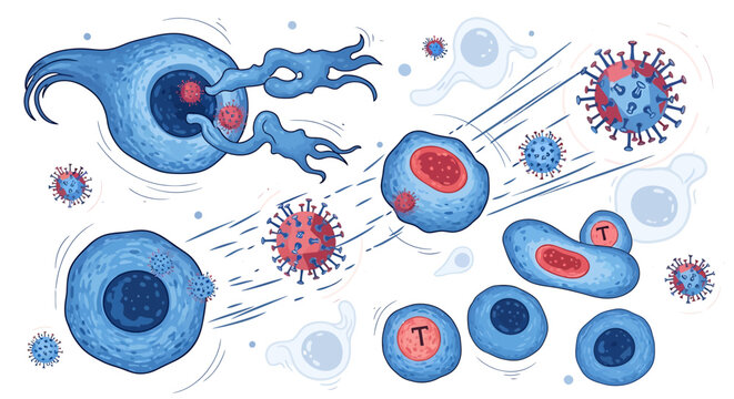 Microscopic view of immune cells attacking viral pathogens
