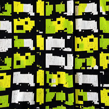 Knitted surface, pixelated square motifs, rhythmic repeat of blocks, color palette: acid yellow, cyber lime, black and titanium white, intricate jacquard weaving technique, flat lay, direct overhead s