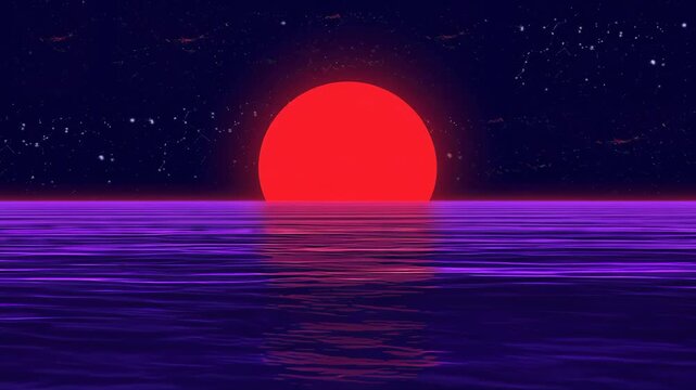 Retro synthwave red moon rising over glowing purple neon ocean