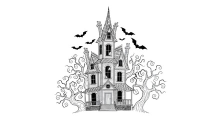 Spooky haunted house with turrets towers. © jami