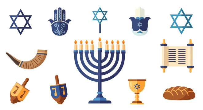 Jewish Symbols and Hanukkah Objects.