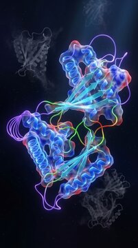 Protein Folding AI Visualization 3D Ribbon Diagram Alpha Helix Beta Sheet Electrostatic Surface Prediction Confidence Map Biotechnology Molecular Structure Render